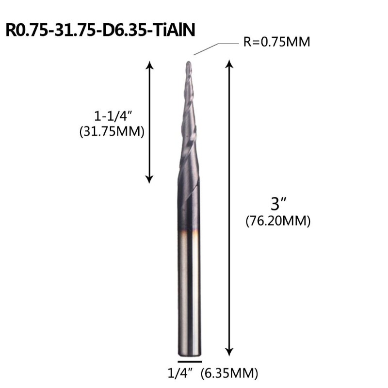 Conische kogelneusfrees 1/4 x 3 inch met 0,75 mm kogelneus 4,36 graden voor CNC-graveren