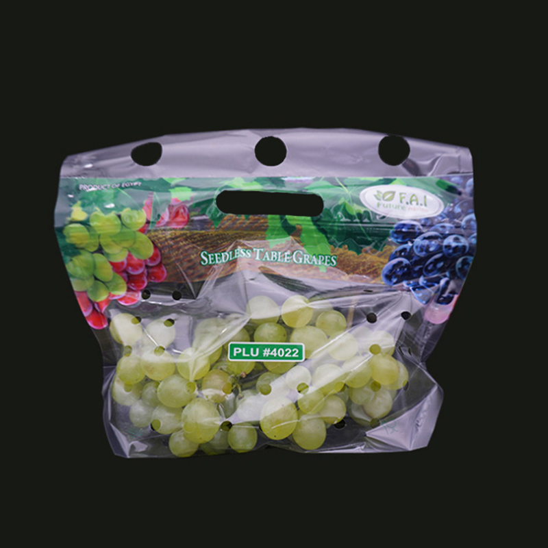 Eco-friend bedrukte plastic druiffruit ritssluiting verpakkingstas met ventilatieopeningen