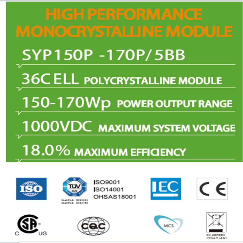 HOGE PRESTATIES MONOCRYSTALLINE MODULE SYP150P -170P / 5BB 36C ELL POLYCRYSTALLINE MODULE