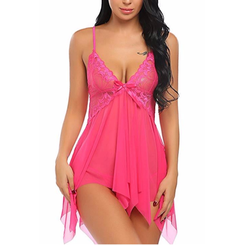 Dames Sexy Lingerie Lace Babydoll V-hals Nachtkleding Band Chemise in verschillende kleuren rose-team