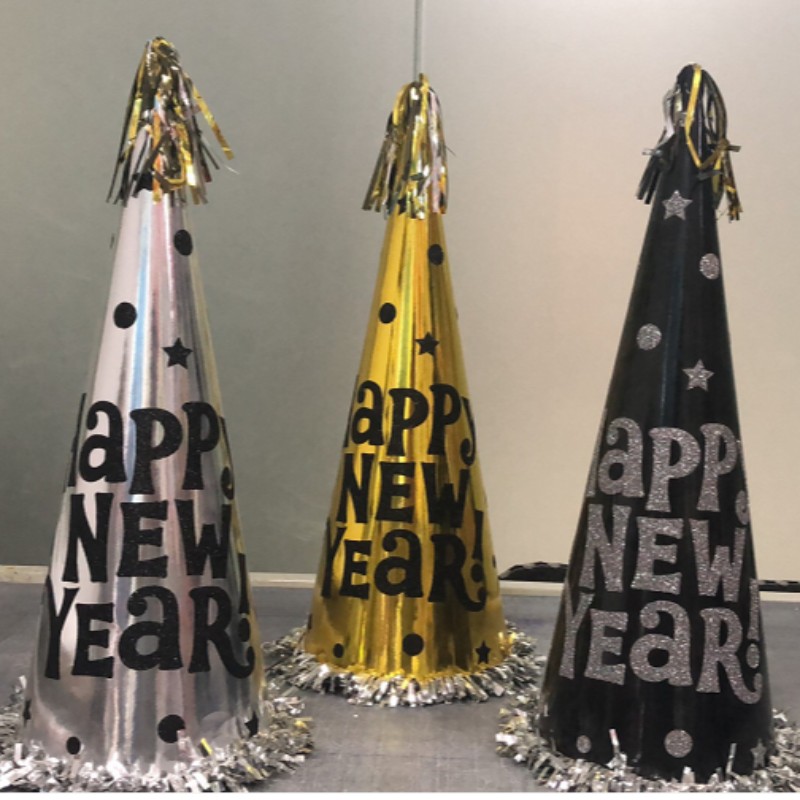 Gelukkig nieuwjaar Foil Fringe Cone Hats Paper met Glitter