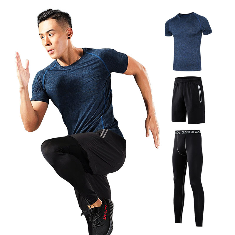 FDMM003-3 Fitnesspak heren, T-shirt + losse shorts + strakke broek voor hardlopen