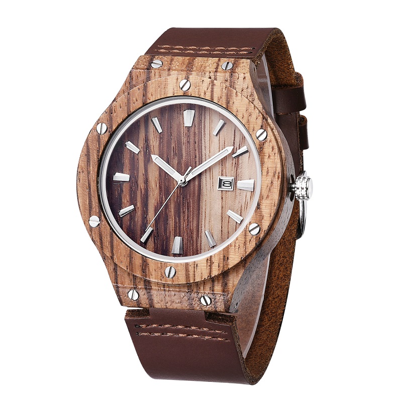 Houten herenhorloge van esdoornhout met zacht lederen band Japans uurwerk herenhorloge