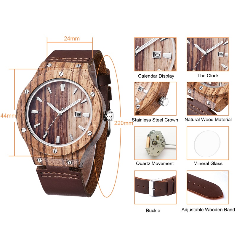 Houten herenhorloge van esdoornhout met zacht lederen band Japans uurwerk herenhorloge