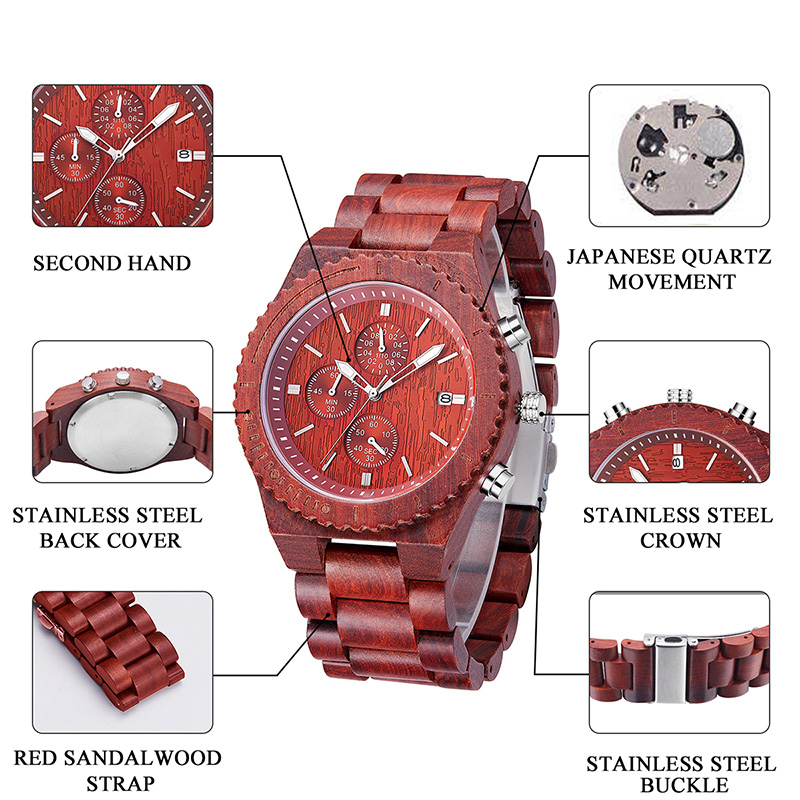 Rood sandelhout waterdicht horloge met datumweergave Mode quartzhorloges