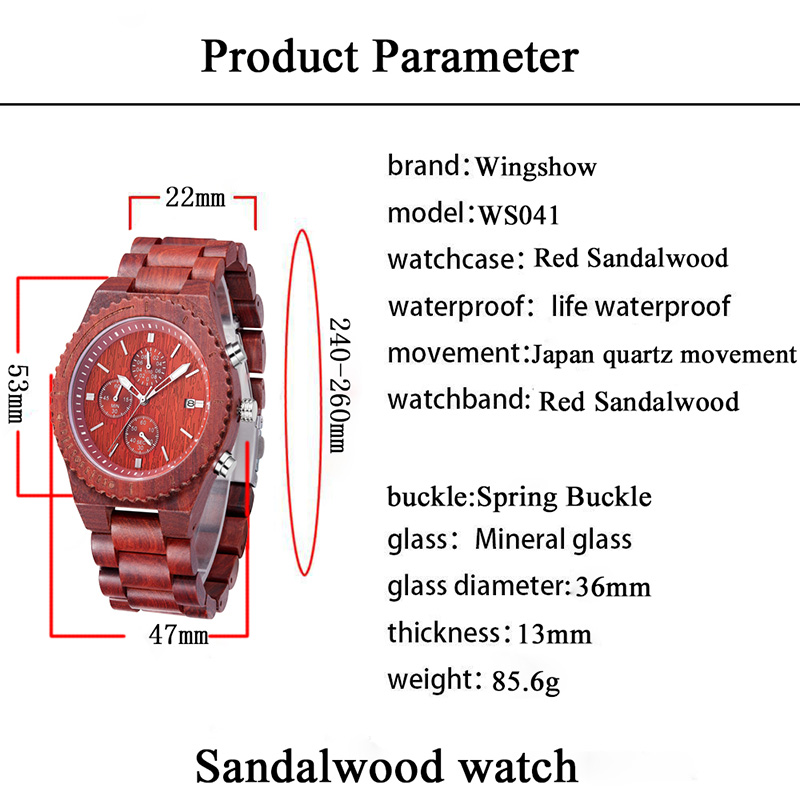 Rood sandelhout waterdicht horloge met datumweergave Mode quartzhorloges