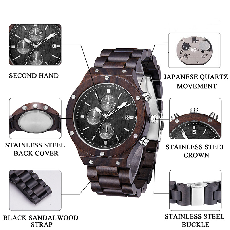 Hight-end Boutique Leisure Unisex DIY natuurlijk heren Dames Zwart sandelhout horloge