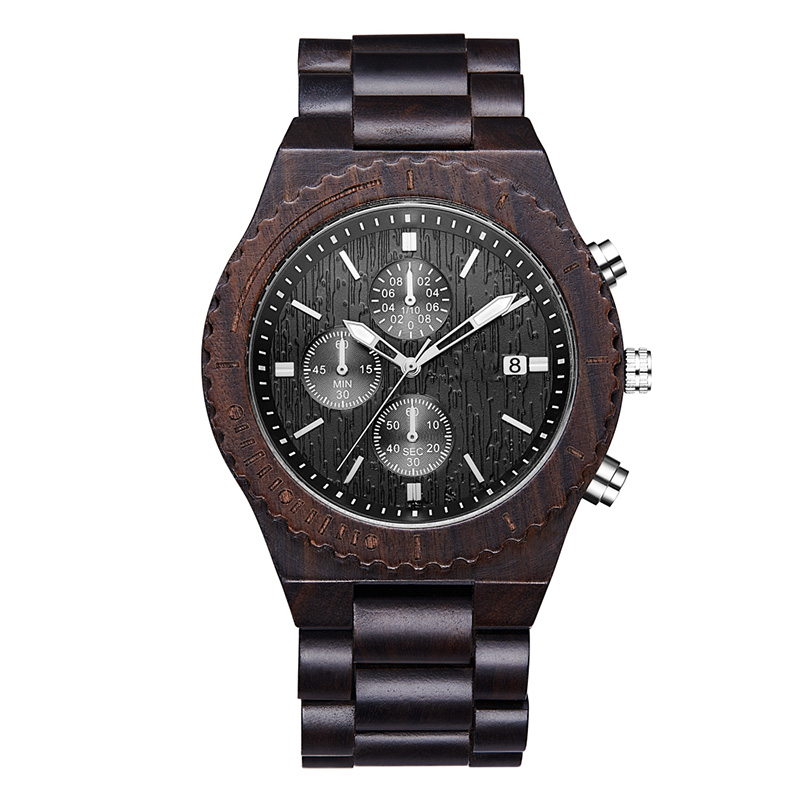Houten horloge Heren chronograaf Zwart multifunctioneel Eco-vriendelijk natuurlijk houten horloge