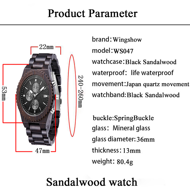 Houten horloge Heren chronograaf Zwart multifunctioneel Eco-vriendelijk natuurlijk houten horloge
