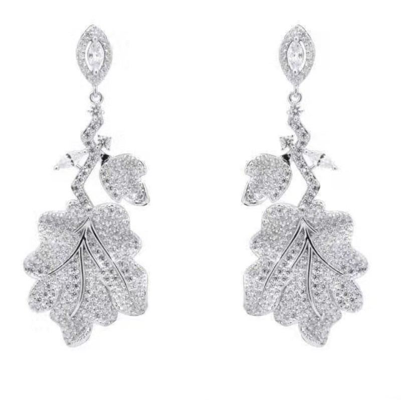 925 sterling zilver geplatineerd blad zirconia vrouwen bruiloft bengelen bruid oorbellen
