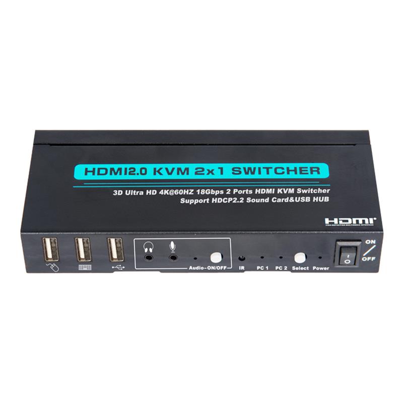 V2.0 HDMI KVM 2x1 Switch Ondersteuning Ultra HD 4Kx2K @ 60Hz HDCP2.2 18 Gbps geluidskaart & USB-hub
