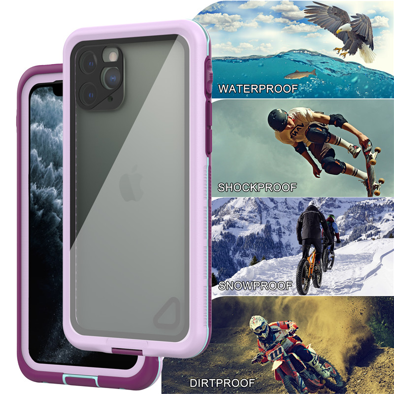 De beste waterdichte mobiele telefoon geval de waterdichte telefoon waterdichte telefoon beschermer voor iphone 11 pro (paars) met transparante back cover