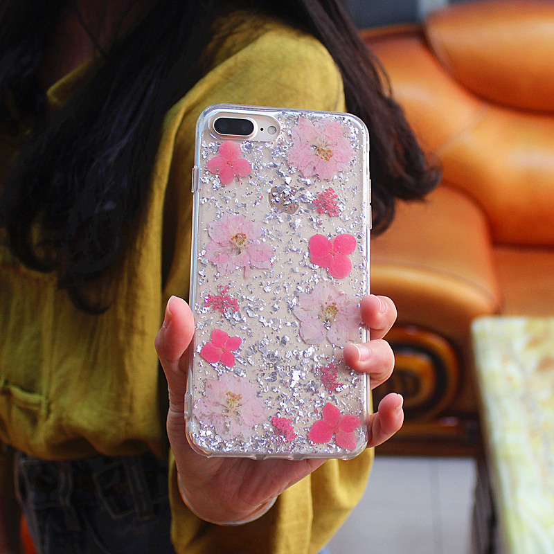 TPU + PC glittery drops lijm mobiele telefoon case met innerlijke bloem met de hand gemaakt voor iPhone 6 Plus / 7 Plus / 8 Plus