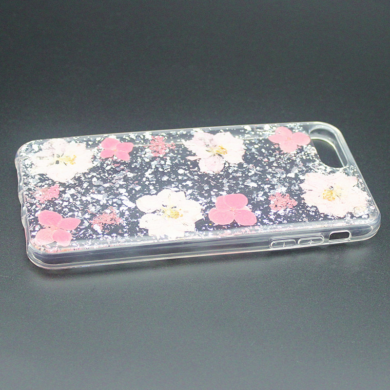 TPU + PC glittery drops lijm mobiele telefoon case met innerlijke bloem met de hand gemaakt voor iPhone 6 Plus / 7 Plus / 8 Plus