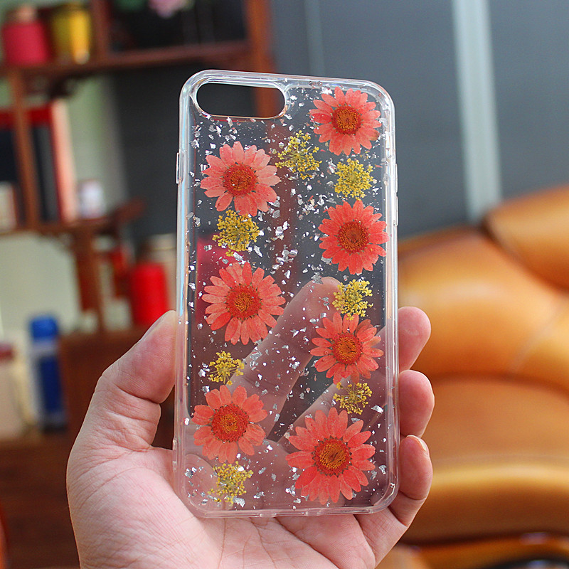 TPU + PC glittery drops lijm mobiele telefoon case met innerlijke bloem met de hand gemaakt voor iPhone 6 Plus / 7 Plus / 8 Plus