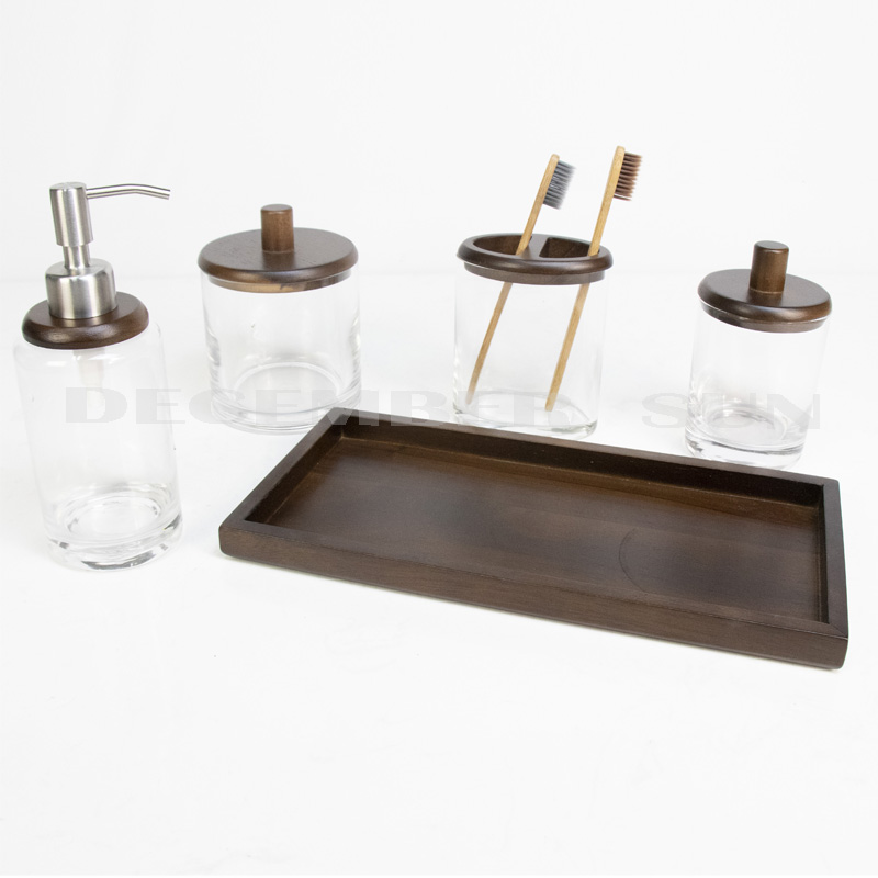 Helder glas met houten delen badkamer set