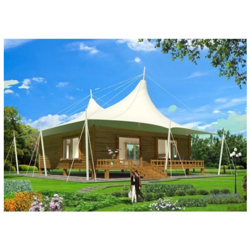 Hot Koop Prefab Huizen PVDF / PTFE Stof Materiaal Kamp Tent Glas Muur hotel Glamping Tenten Voor Jungle Resort