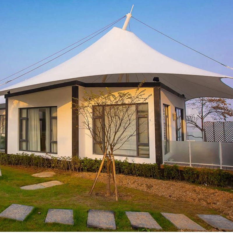 Hot Koop Prefab Huizen PVDF / PTFE Stof Materiaal Kamp Tent Glas Muur hotel Glamping Tenten Voor Jungle Resort