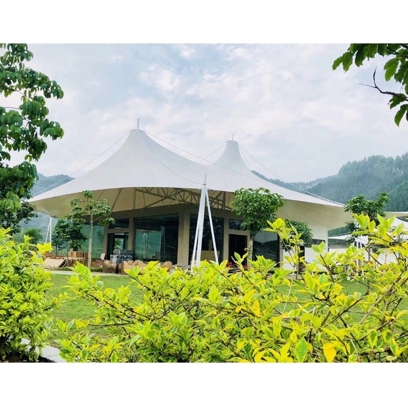 Hot Koop Prefab Huizen PVDF / PTFE Stof Materiaal Kamp Tent Glas Muur hotel Glamping Tenten Voor Jungle Resort