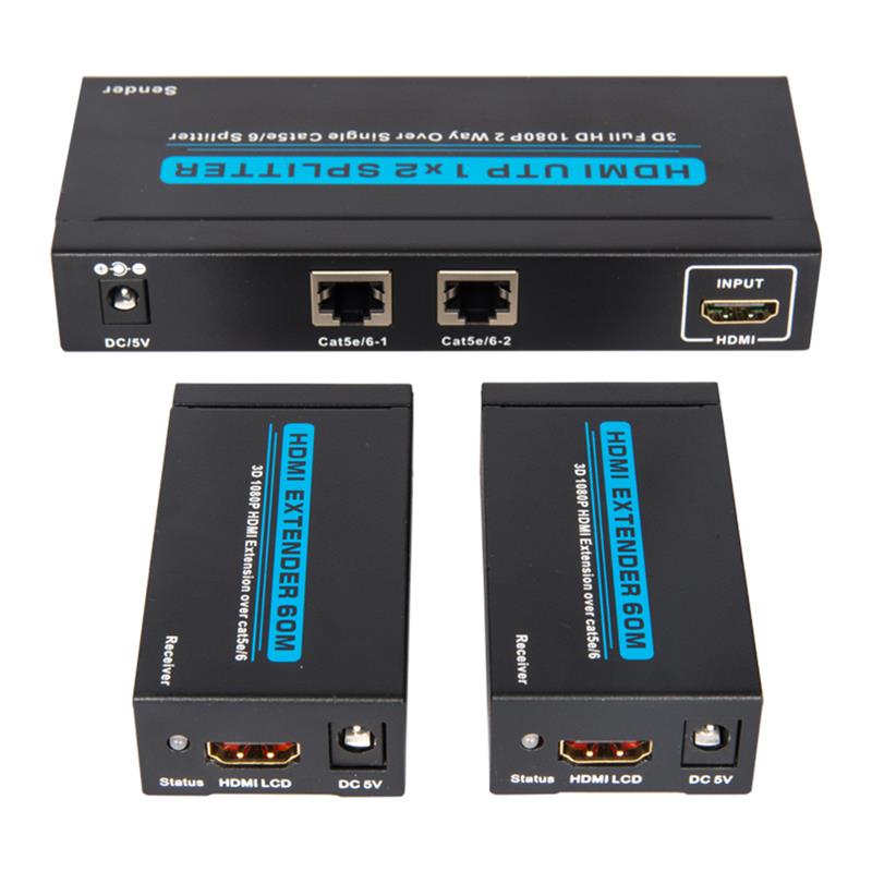 2 poorten UTP HDMI 1x2 splitter over Single Cat5e / 6 met 2 ontvangers tot 60m