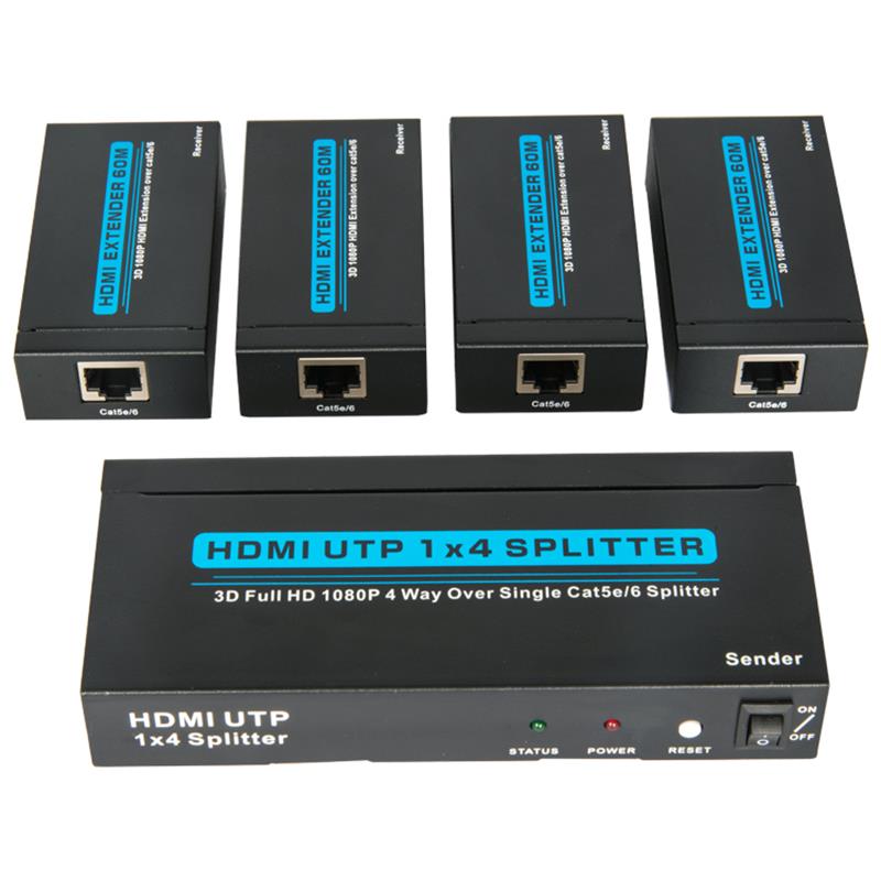 4 poorten HDMI UTP 1x4 splitter over Single Cat5e / 6 met 4 ontvangers tot 60m