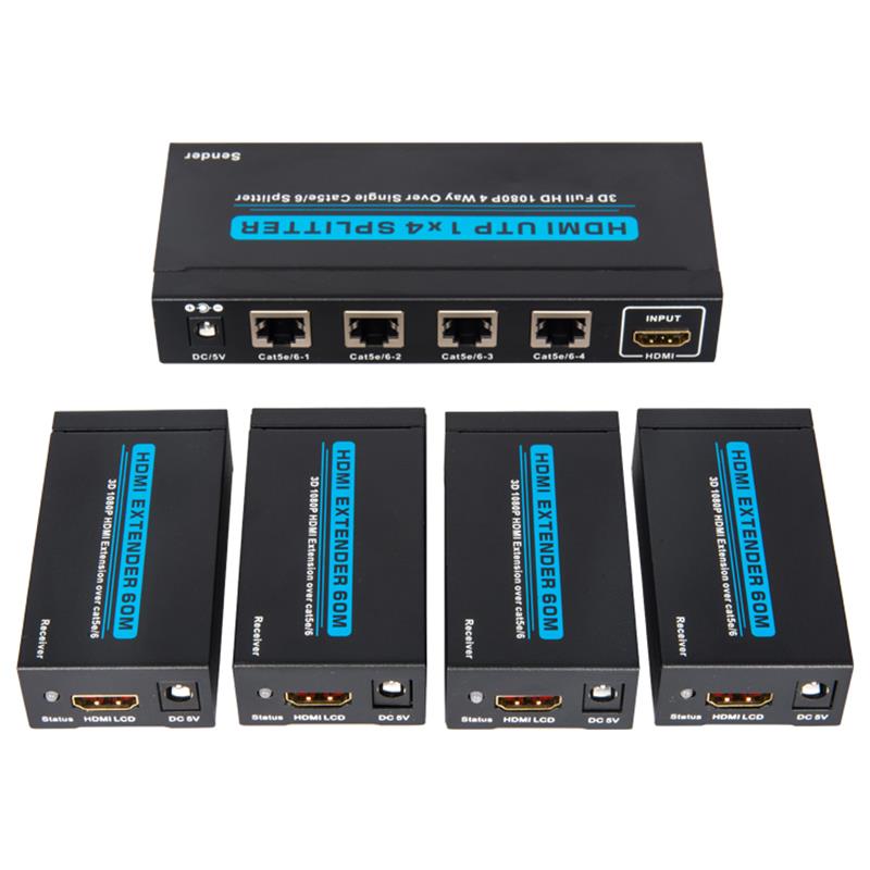 4 poorten HDMI UTP 1x4 splitter over Single Cat5e / 6 met 4 ontvangers tot 60m
