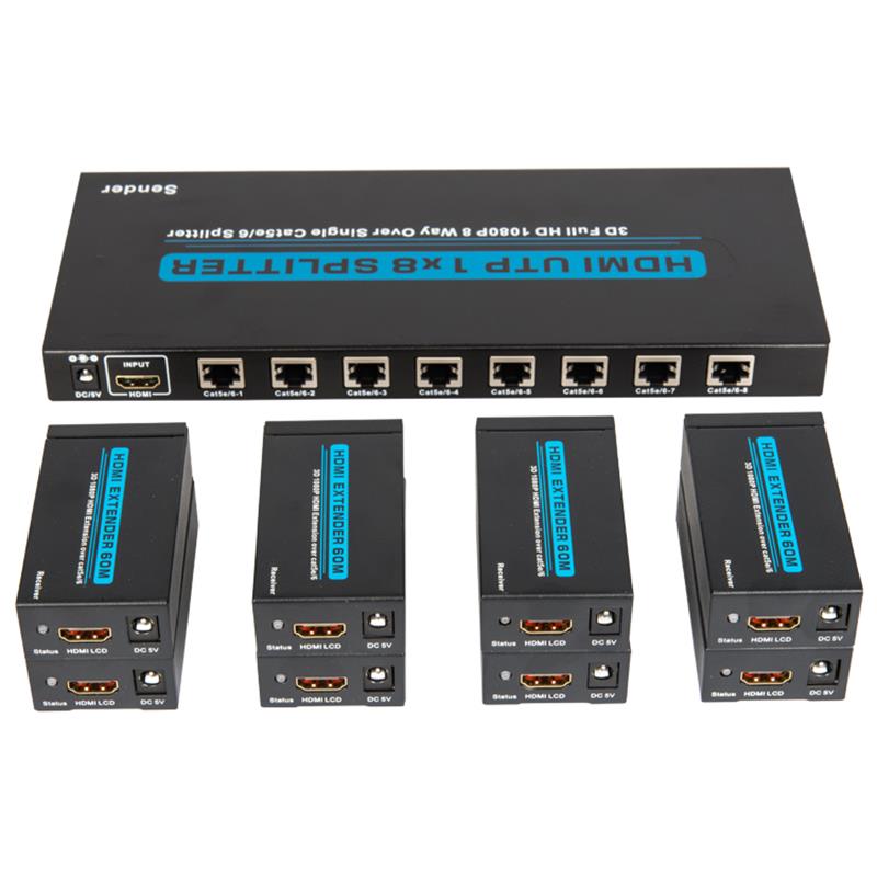 8 poorten HDMI UTP 1x8 splitter over Single Cat5e / 6 met 8 ontvangers tot 60m