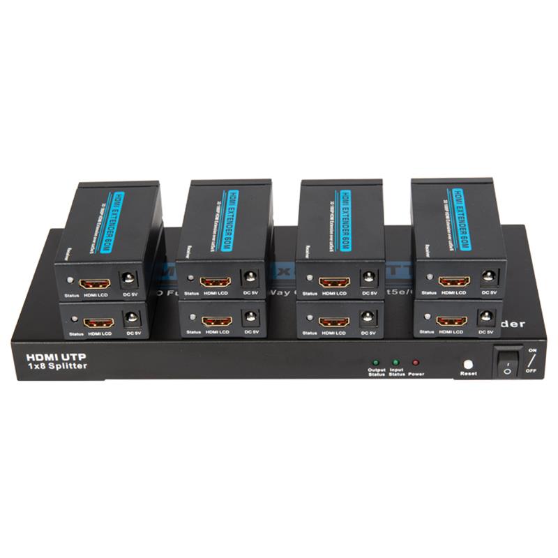 8 poorten HDMI UTP 1x8 splitter over Single Cat5e / 6 met 8 ontvangers tot 60m