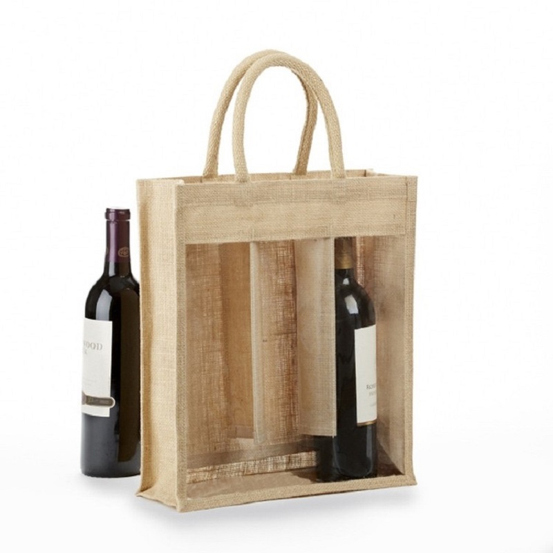 SGS52 Op maat gemaakte milieuvriendelijke 3 fles Jute wijnfles Tote boodschappentassen met venster