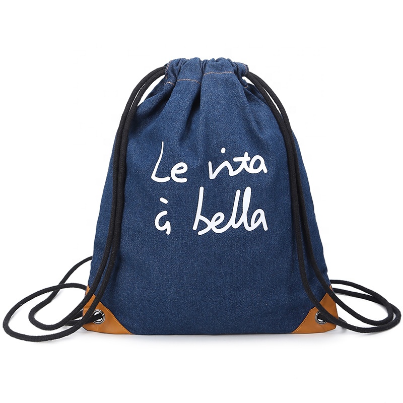 SG70 Nieuw ontwerp Top Sell School Kids Student Cotton Canvas Denim Drankstring Backpack