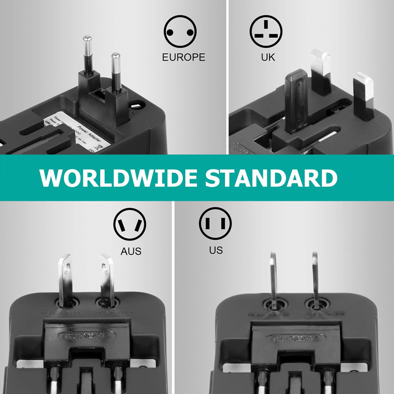 RRTRAVEL Internationale universele alles-in-één wereldwijde reisadapter Wandlader Stekkeradapter met dubbele USB-oplaadpoorten voor VS EU VK AUS Europese mobiele telefoon Laptop