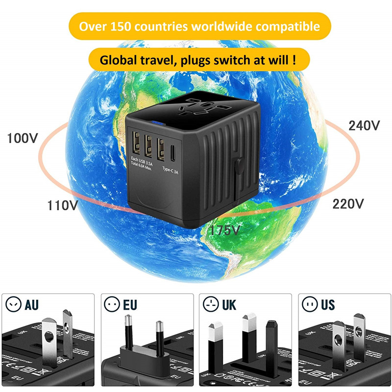 Max. Vermogen 1920 W en 30 W (3USB en 1Type C) Supersnel opladen Universele reisadapter Wereldwijde reisstroomadapter Universele muuradapter met PD en Quick Charge 3.0 voor US EU UK AUS (pakket kan variëren)