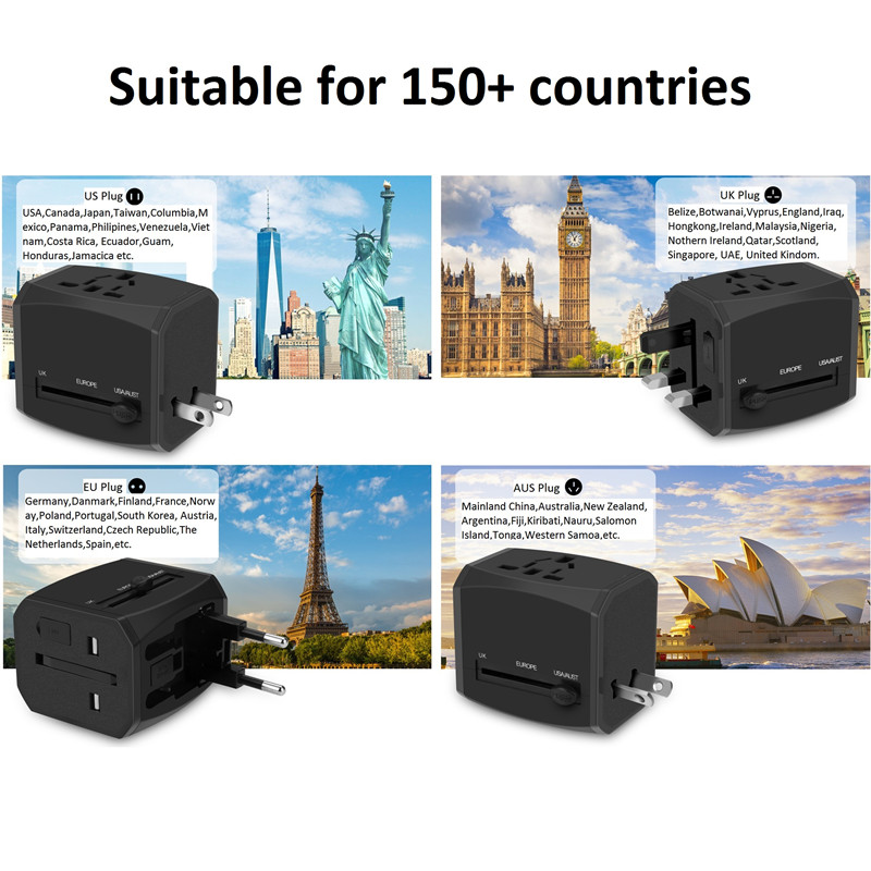 RRTRAVEL Universele reisadapter, All-in-one internationale voedingsadapter met 4A 3 USB, Europese adapter Reisstroomadapter Wandlader voor VK, EU, AU, Azië Omvat 150 + landen