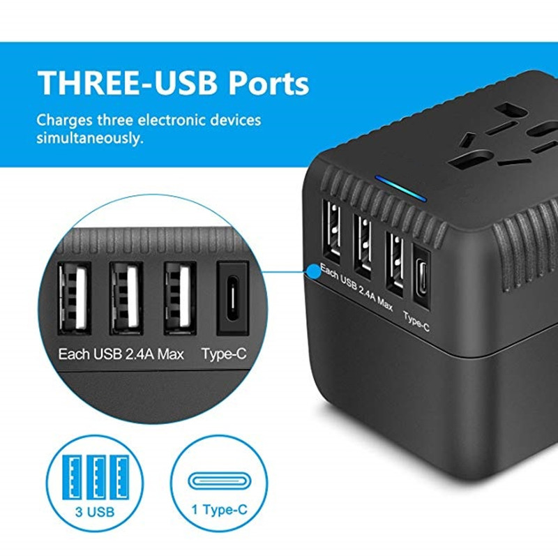 RRTRAVEL Universal Travel Adapter, All in One International Power Adapter with 3 USB + 1 Type C Charging Ports, European Plug Adapter, AC Outlet Plug Adapter voor Europese, US, UK, AU 160+ Landen