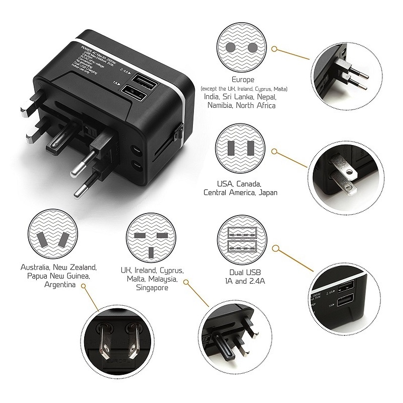 RRTRAVEL reisadapter, universele internationale voedingsadapter met 2 USB-poorten en Europese stekkeradapter, goed voor mobiele telefoonlaptop in meer dan 150 landen