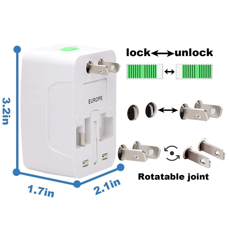 RRTRAVEL 931D Wereldwijde reisvoedingsadapter, universele reisadapter Netspanningsadapter met dubbele USB-poorten voor VS EU VK AUS mobiele telefoon Laptophoezen 150+ landen