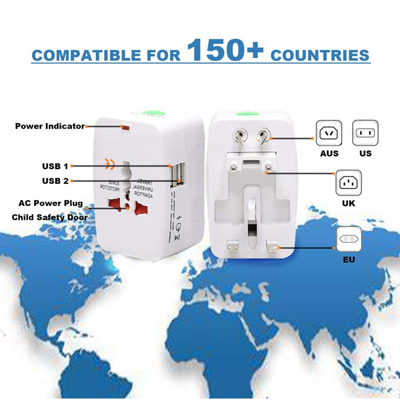 RRTRAVEL 931D Wereldwijde reisvoedingsadapter, universele reisadapter Netspanningsadapter met dubbele USB-poorten voor VS EU VK AUS mobiele telefoon Laptophoezen 150+ landen