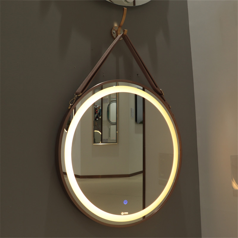 Living Room Salon Decoratieve Aluminum framed round mirror with PU Strap