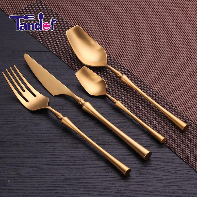 slanke taille stijl pvd coating bestek roestvrij staal mat goud bestekset 1 koper
