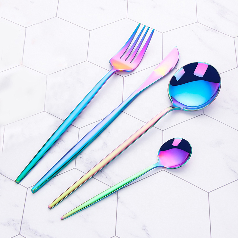Warme verkoop kleurrijke pvd coating platware set multicolor titanium roestvrij staal regenboog bestek
