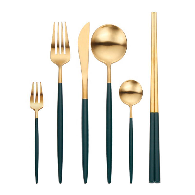 Green Handle Stainkless Steel Wedding Full Restaurant Matte Gold Spoon Fork Knife Cutler Set