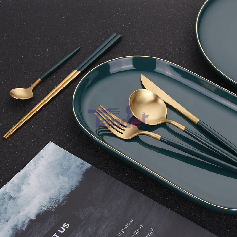 Green Handle Stainkless Steel Wedding Full Restaurant Matte Gold Spoon Fork Knife Cutler Set