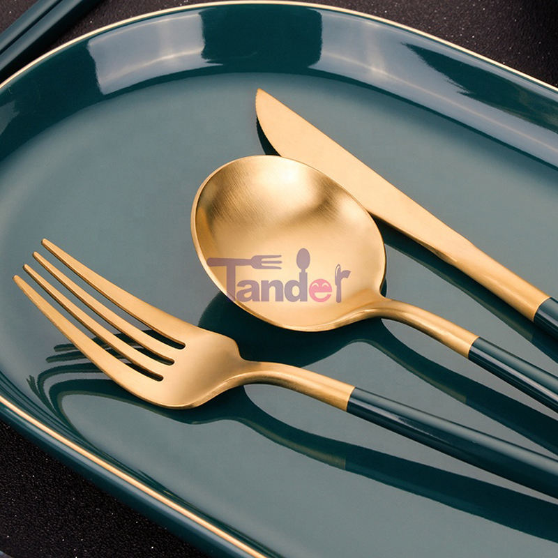 Green Handle Stainkless Steel Wedding Full Restaurant Matte Gold Spoon Fork Knife Cutler Set