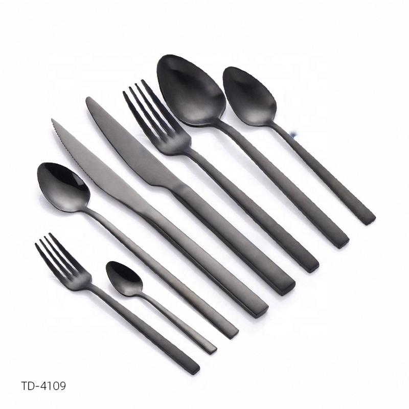 roestvrij staal zwart platware set dinnerware metal plated pvd matt titanium chique diner matte zwarte bestek