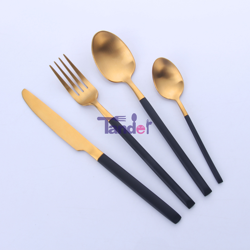 Knight low MOQ high class 18/8 roestvrij staal bestek set zwarte handgreep voor het hotel thuis bruiloft gebruikt
