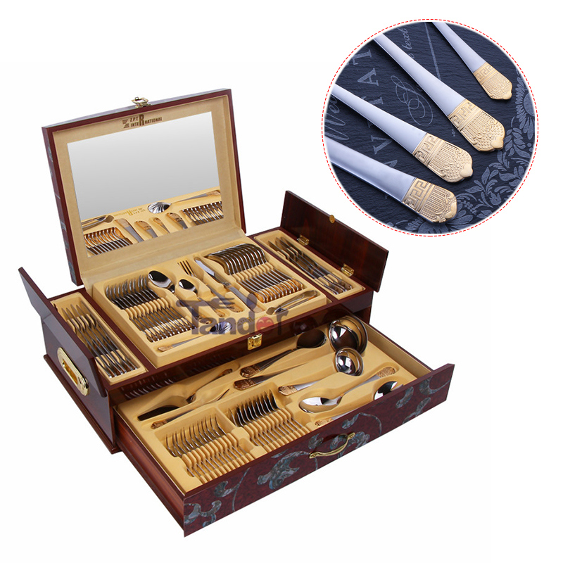 72pc's royal roestvrij staal flatware, verguld met luxe bestek met houten kist