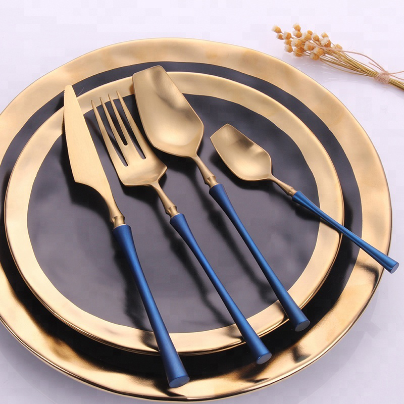 blauwe handgreep schildering slanke taille stijl flatware set goud roestvrij staal bestek set