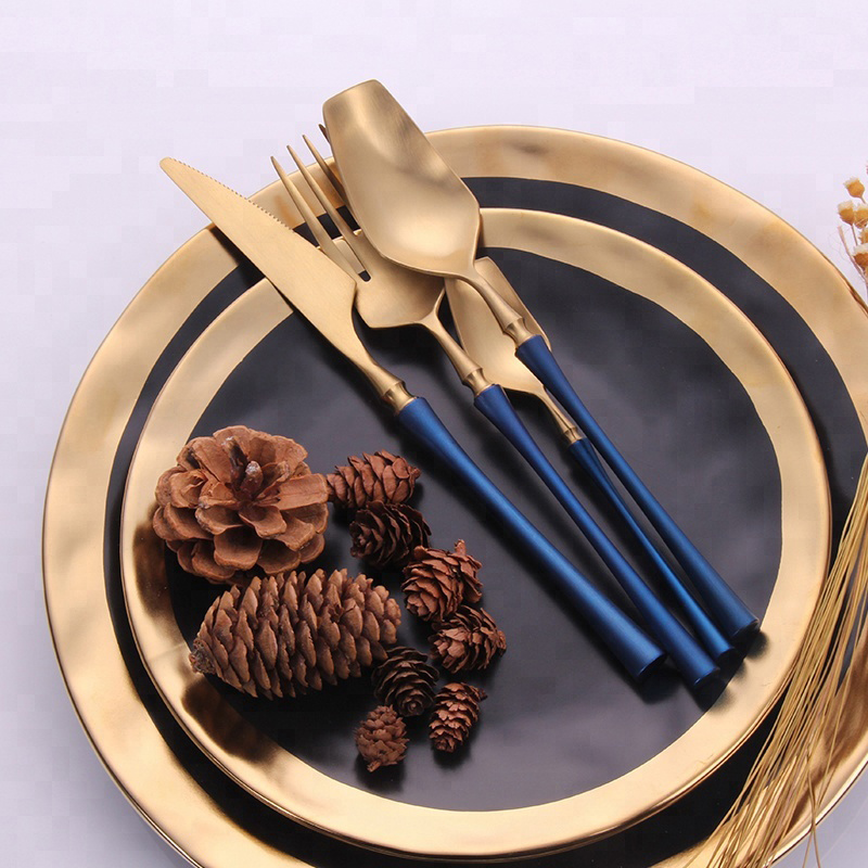 blauwe handgreep schildering slanke taille stijl flatware set goud roestvrij staal bestek set