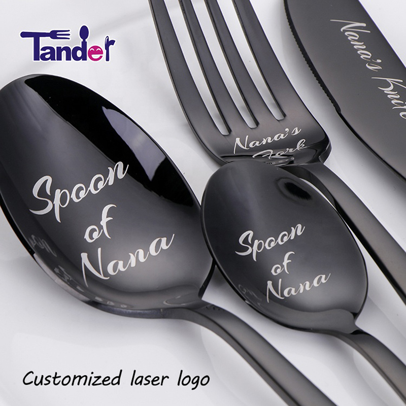 Aangepaste laser Logo Tekst op Stainless Steel Cutler Knife Fork Spoon