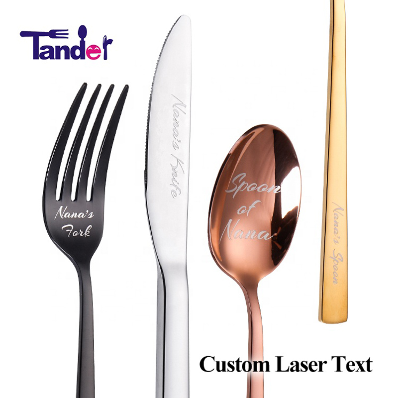 Aangepaste laser Logo Tekst op Stainless Steel Cutler Knife Fork Spoon